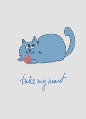 Card with hand drawn cat like a sketch. Vector element for greeting card, social media post. Love, Romance, Valentines Day concept