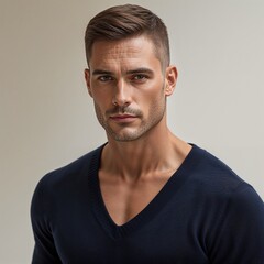Naklejka premium Close-Up Portrait of a Confident Man in a V-Neck Sweater Against a Neutral Background