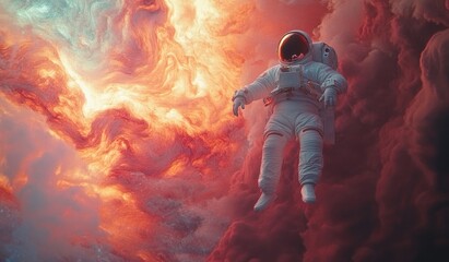 Fototapeta premium Astronaut floats in vibrant, fiery nebula