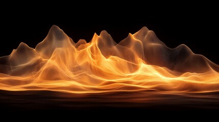 Luminous orange wireframe landscape against a stark black backdrop