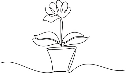 Single Line Drawing of Potted Flower, Minimalist Botanical Art