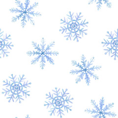 Watercolor blue snowflakes seamless pattern on white. Simple hand drawn background for winter fabric designs and boys clothes