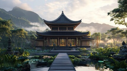 Naklejka premium A temple house with a modern art installation as its centerpiece