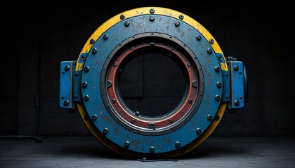 Industrial Machinery Component Blue Yellow and Red Circular Geared Device in Dark Setting