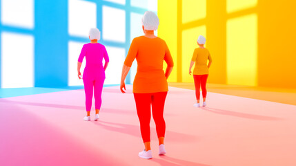 Senior women walking for exercise in colorful gym