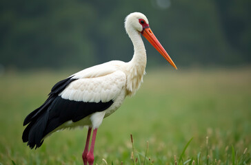 A stork on a grassy field.