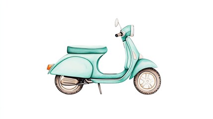 Fototapeta premium Vintage turquoise scooter parked on a white background, evoking nostalgia and freedom