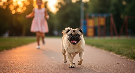 Obraz premium Happy Pug Dog Running in Park at Sunset