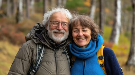 Fototapeta premium Smiling senior couple with exercise mats standing at park, positive mature man embracing his elderly wife after fitness or yoga class in nature. Wellness and healthy lifestyle on retirement