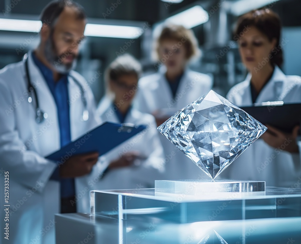 Poster scientists examine sparkling gemstone in lab, researching crystal structure and properties with prec