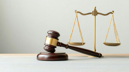 Wooden Gavel And Scales Of Justice On Light Gray Table