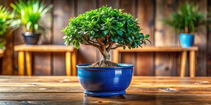 Modern interior decor:  Panoramic Ficus Panda bonsai, striking blue pot, rustic wood accent.
