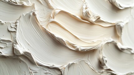 Thick strokes of white and beige paint create an abstract