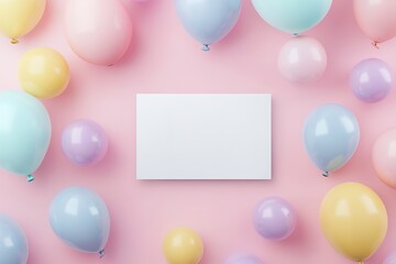Blank gift card surrounded by colorful balloons on pink