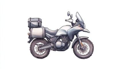 Obraz premium A sleek motorcycle with side bags parked against a plain background, ready for adventure