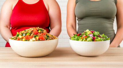 Two women comparing healthy and unhealthy food for weight loss diet