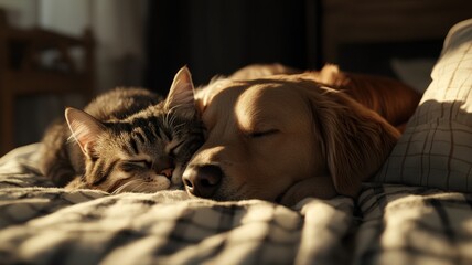 Obraz premium Cozy cat and dog sleeping together on a warm blanket.