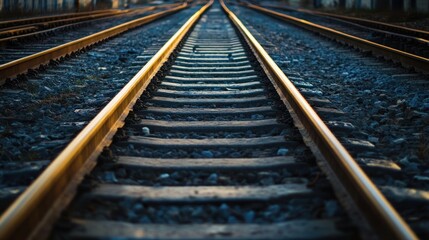 A close-up view of railway tracks extending into the distance, showcasing perspective and symmetry.