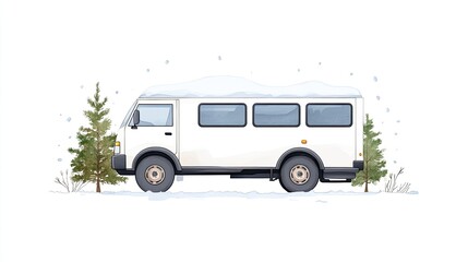 Naklejka premium A white van parked in a snowy landscape surrounded by evergreen trees and falling snowflakes