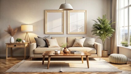 Elegant Living Room Mockup with Double Exposure Photography Featuring a Blank White Frame Above a Beige Sofa for Interior Design Inspiration and Display