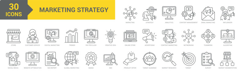 Marketing Strategy icon collection set. Containing marketing, strategy, analytics, networking, advertising, market, trends, research, SEO, report, social media, influencer icon. Simple line vector