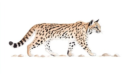 Obraz premium A detailed illustration of a walking serval cat on a white background, showcasing its graceful movement