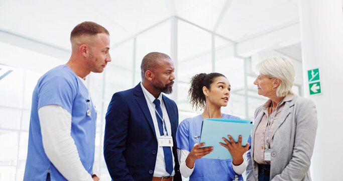 Collaboration, medical and meeting with hospital manager speaking to staff for healthcare planning. Administration, conversation and management with professional talking to medicare team in clinic