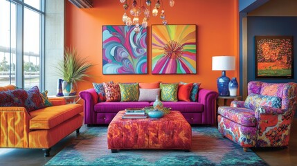 A bright living room with large artwork on the wall, plush couches, and vibrant colors.