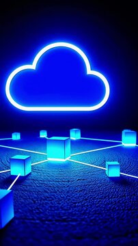 Futuristic digital cloud network with glowing blue cubes connected on a dark textured surface