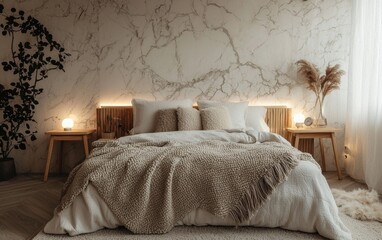 Minimalist bedroom with boucle bed frame, soft linen bedding, neutral wool throw blanket, wooden side tables, marble wall behind the bed with soft warm lighting, cozy and stylish
