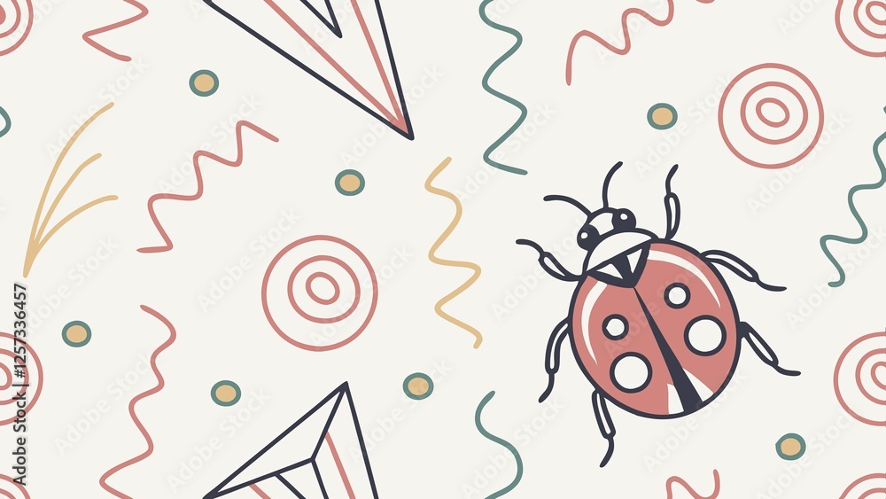 Poster seamless abstract pattern with ladybugs and geometric shapes