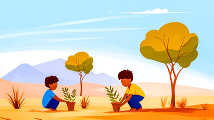 Fototapeta premium Children actively planting trees in deforested area