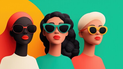 Fototapeta premium Stylish women in sunglasses fashion illustration colorful background digital art creative portraits