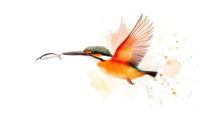 Vibrant kingfisher in flight catching a fish against a soft watercolor background