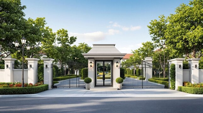 Elegant gated community entrance with lush greenery and iron gate in a serene residential area