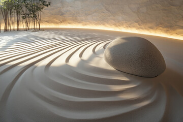 A modern minimalist Zen garden features a smooth rock on raked sand, bathed in soft ambient light, creating a peaceful atmosphere  
