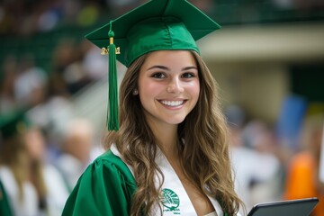 Happy Graduate in Green Cap and Gown at Commencement Ceremony