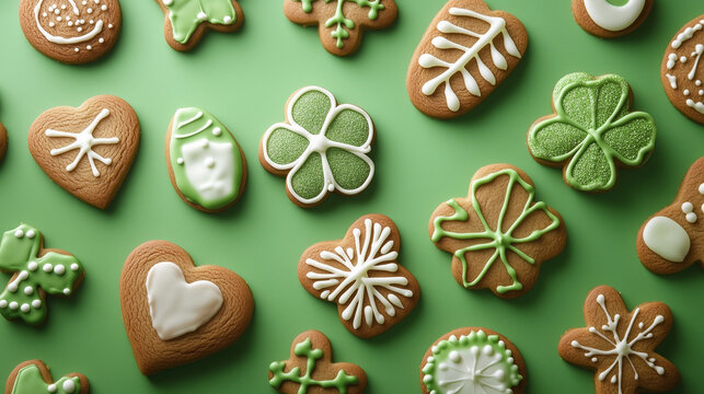 Delicious gingerbread cookies for St. Patrick's Day celebration on green background.