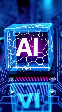 Abstract representation of artificial intelligence on a digital circuit board with glowing elements