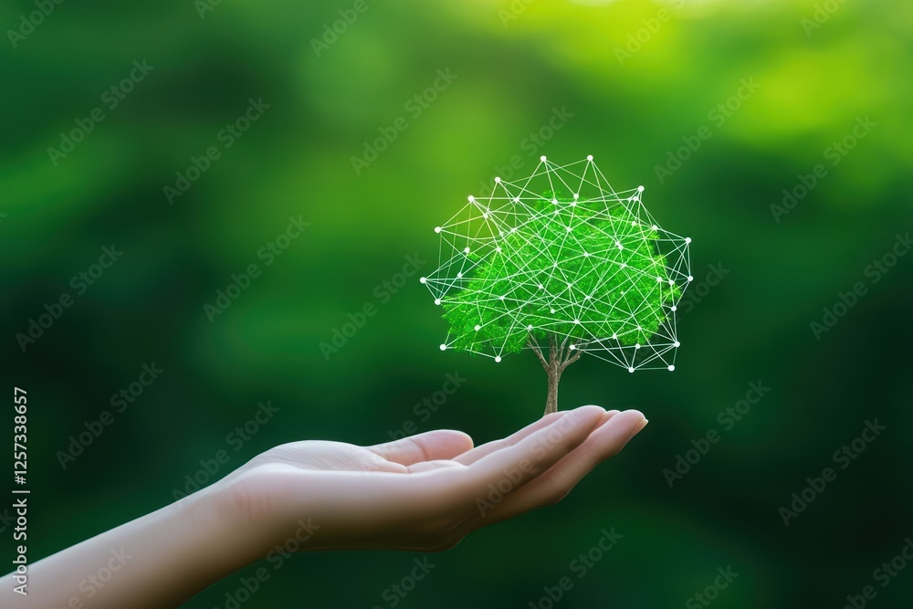 Aufkleber hand holding a green tree seedling tied with string isolated on white background