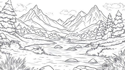 Serene mountain river landscape, coloring page (1)