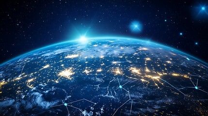 Naklejka premium Global Network: Earth at Night, Illuminated Cities and Interconnected World