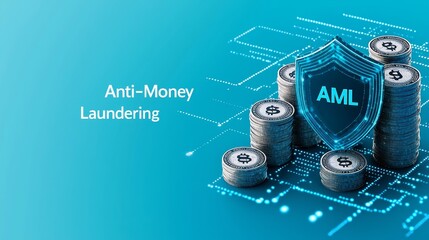 Anti-Money Laundering AML concept. Anti-money laundering concept with digital currency stacks and...