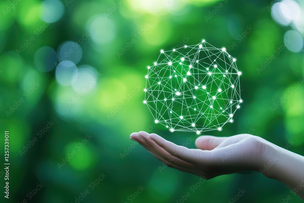 Poster Hand holding green sphere with network of connected lines representing technology and connectivity