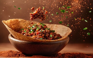 A traditional Ethiopian injera with rich spicy stews flipping mid air, pastel brown background
