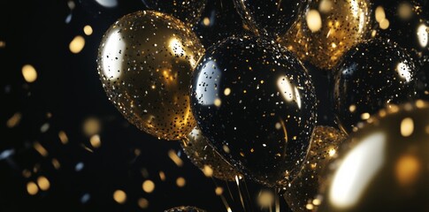 3D rendering of black and gold balloons on background