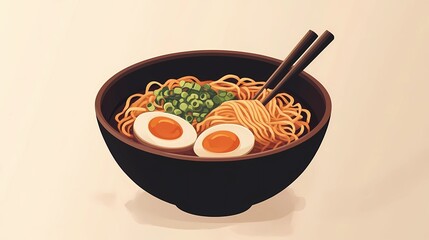 Asian ramen illustration featuring a steaming bowl of noodles, chopsticks, and flavorful ingredients, perfect for culinary projects and restaurant branding, artistic sketch style