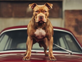  Fierce muscular brown Pitbull dog standing on red car hood. 