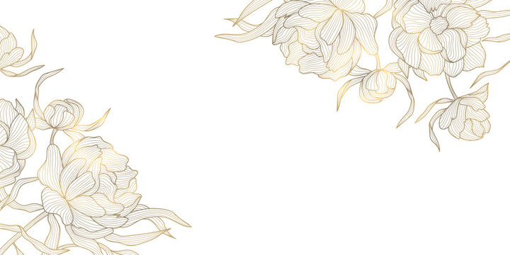 Vector gold floral background, flower line Chinese rose pattern, luxury wedding design, bloom frame. Oriental peony foil on white card, oriental style