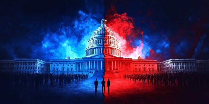 US Capitol with one half red and the other half blue, republicans vs democrats concept advertisement style,.